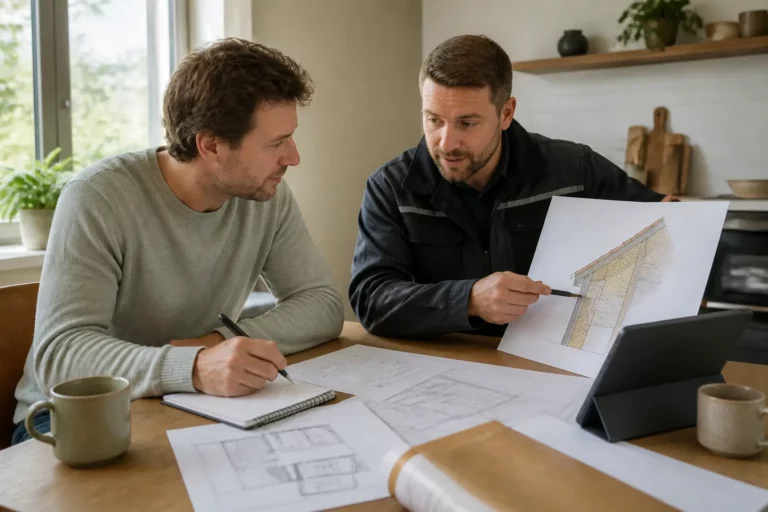 isolatiespecialist in werkkleding legt aan keukentafel met bouwtekeningen en tablet isolatieopties uit aan bewoner