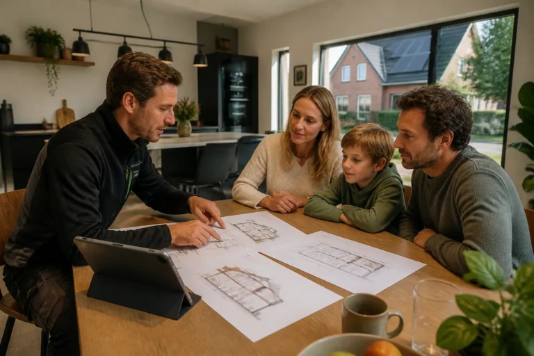 isolatiespecialist in werkkleding bespreekt bouwtekeningen en tablet met gezin aan keukentafel in leefkeuken
