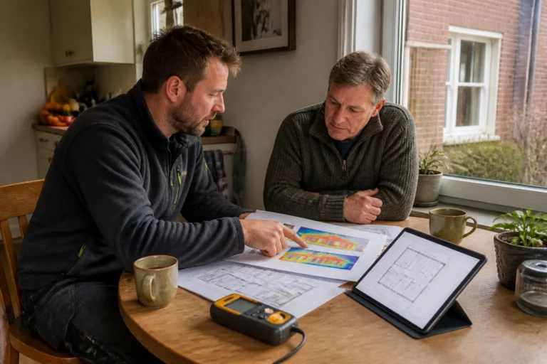 isolatiespecialist en bewoner bespreken isolatieadvies aan een keukentafel met tekeningen en tablet