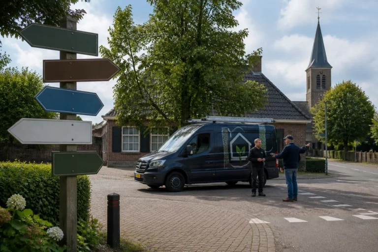 isolatiebusje van lokaal familiebedrijf bij kruispunt met wegwijzers in landelijk dorp