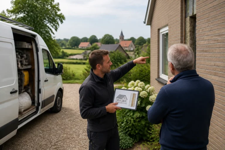 isolatiebusje naast dorpswoning terwijl bewoner en monteur samen de gevelisolatie bespreken