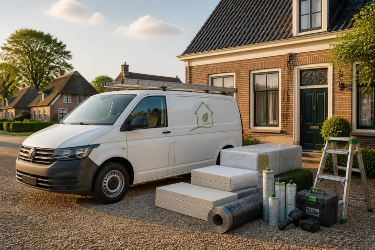 isolatiebusje van lokaal familiebedrijf naast dorpswoning met uitgestalde isolatiematerialen