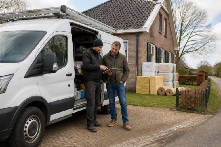 isolatiebusje bij woning in dorp waar monteur en bewoner samen de isolatie-opdracht bevestigen