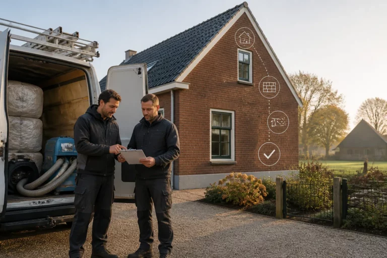 isolatiebusje naast dorpswoning waar twee monteurs buiten de stappen van het isolatieproces doornemen
