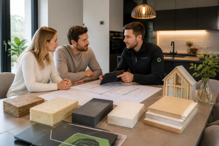 isolatiespecialist in werkkleding presenteert isolatiematerialen en bouwtekeningen op een moderne keukentafel