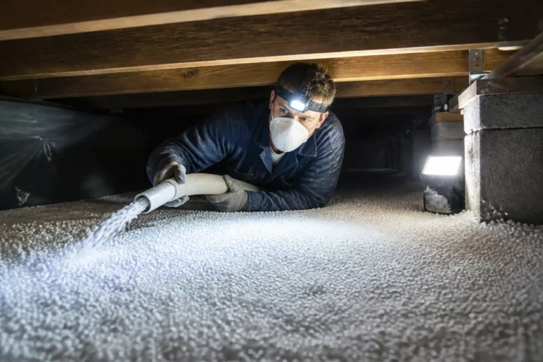 isolatiespecialist blaast witte hr++ isolatieparels in kruipruimte onder houten vloer