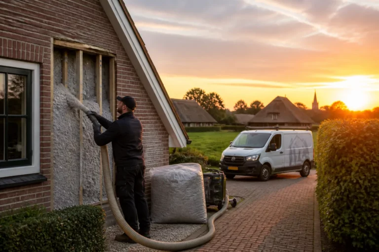 isolatiespecialist die spouwmuurisolatie aanbrengt bij een woning in een groen dorpslandschap