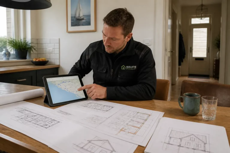 isolatiespecialist in werkkleding wijst aan keukentafel op tablet met kaart naast bouwtekeningen