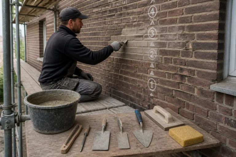 vakman op steiger die met troffel zorgvuldig voegwerk van bakstenen gevel herstelt naast emmer met specie