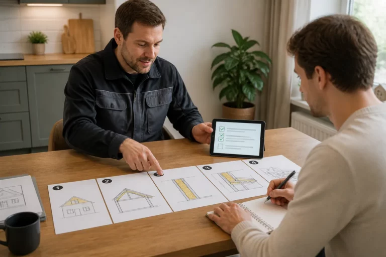 isolatiespecialist en bewoner bespreken in stappen bouwtekeningen en tablet aan de keukentafel