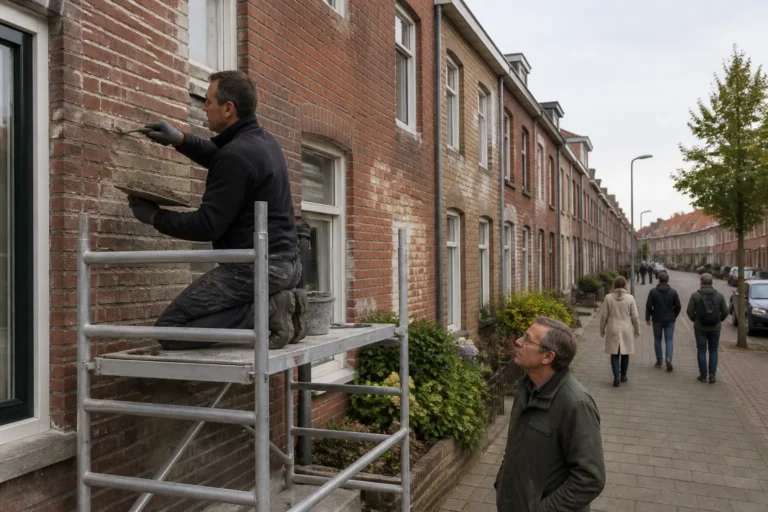 vakman op steiger die met troffel voegen van bakstenen gevel in woonstraat herstelt