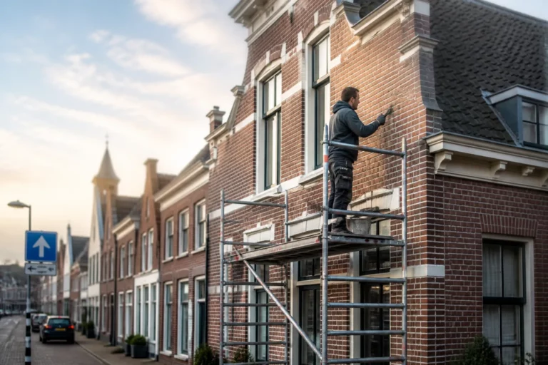 vakman op steiger herstelt met troffel de voegen van een bakstenen gevel aan een straat