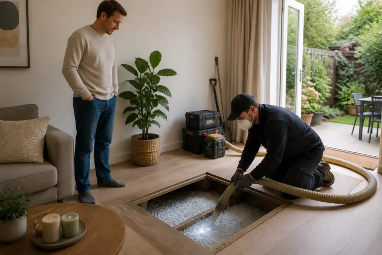 isolatiespecialist die via een vloeropening met een slang isolatieparels in de kruipruimte blaast terwijl de bewoner