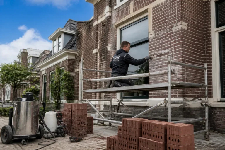gevelspecialist herstelt voegwerk aan bakstenen woning in lemmer met steiger en gereedschap