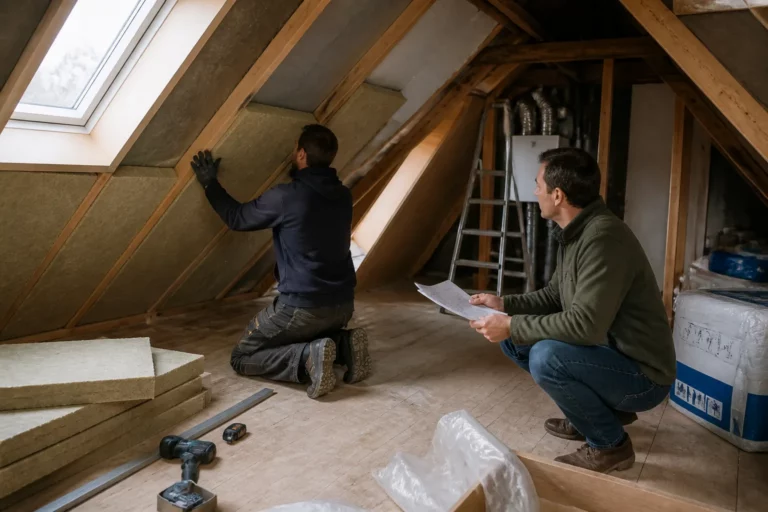 monteur plaatst isolatieplaten tussen houten dakspanten op zolder terwijl bewoner meekijkt