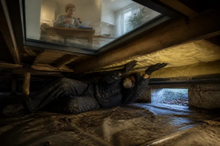 isolatiemonteur brengt vloerisolatie aan in kruipruimte onder woning in wolvega