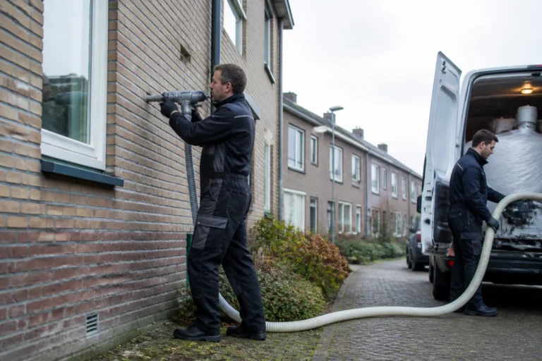 isolatiespecialisten boren gaten in de buitenmuur van een woning in heerenveen naast hun bedrijfsbus