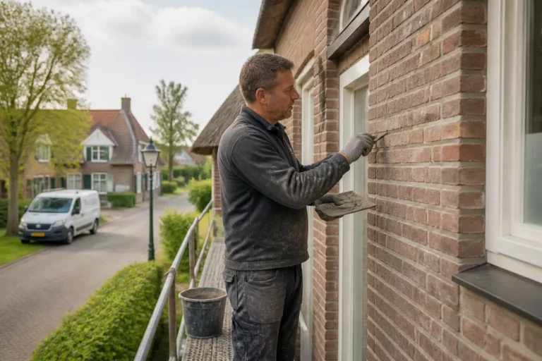 vakman op steiger brengt nieuw voegwerk aan op bakstenen gevel van woning in rustig dorp