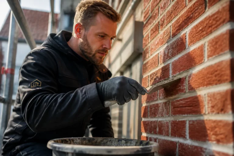 vakman op steiger die met troffel nauwkeurig het voegwerk van een bakstenen gevel herstelt