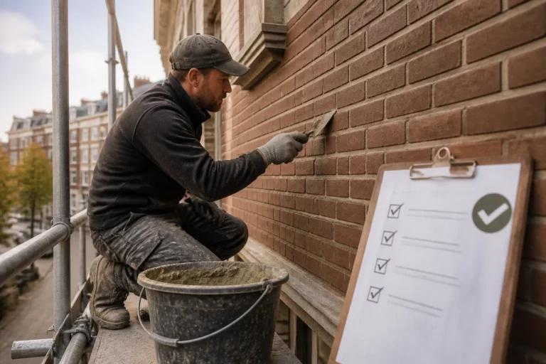 vakman op steiger die de laatste voegen in een bakstenen gevel afwerkt met een troffel