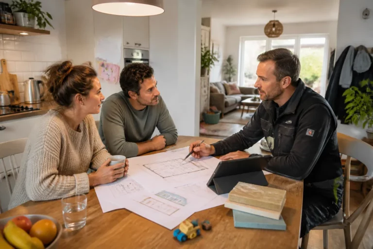 isolatiespecialist in werkkleding bespreekt bouwtekeningen en tablet met bewoners aan keukentafel in bewoonde keuken
